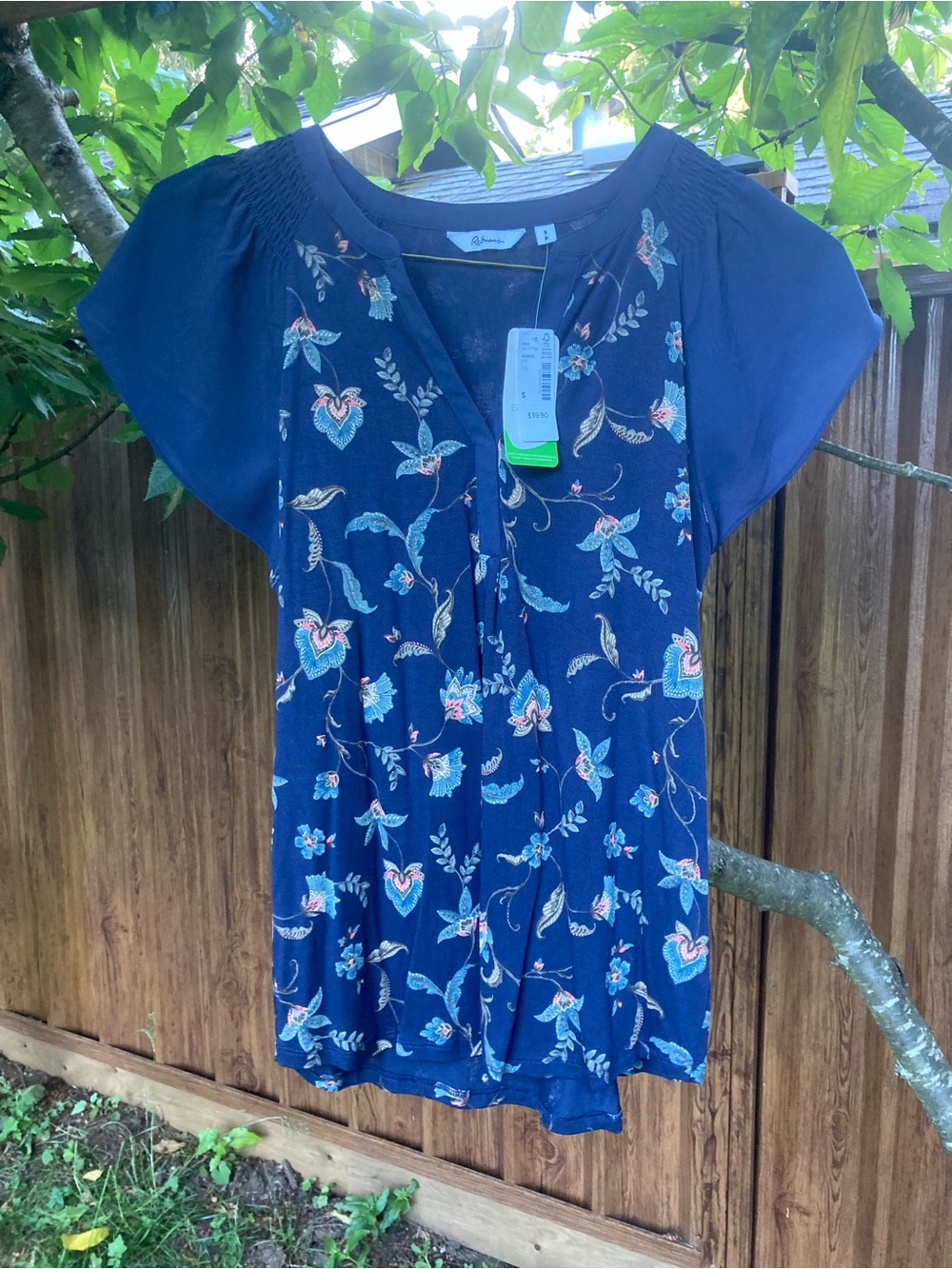 Navy Floral V-Neck Short Sleeve Blouse